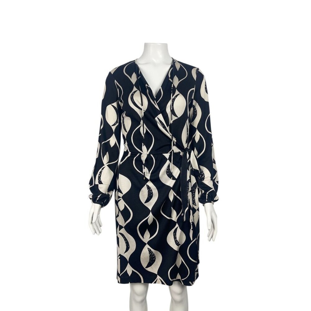 Diane von Furstenberg DVF Silk Wrap Dress Size 6 Long Sleeve Black White